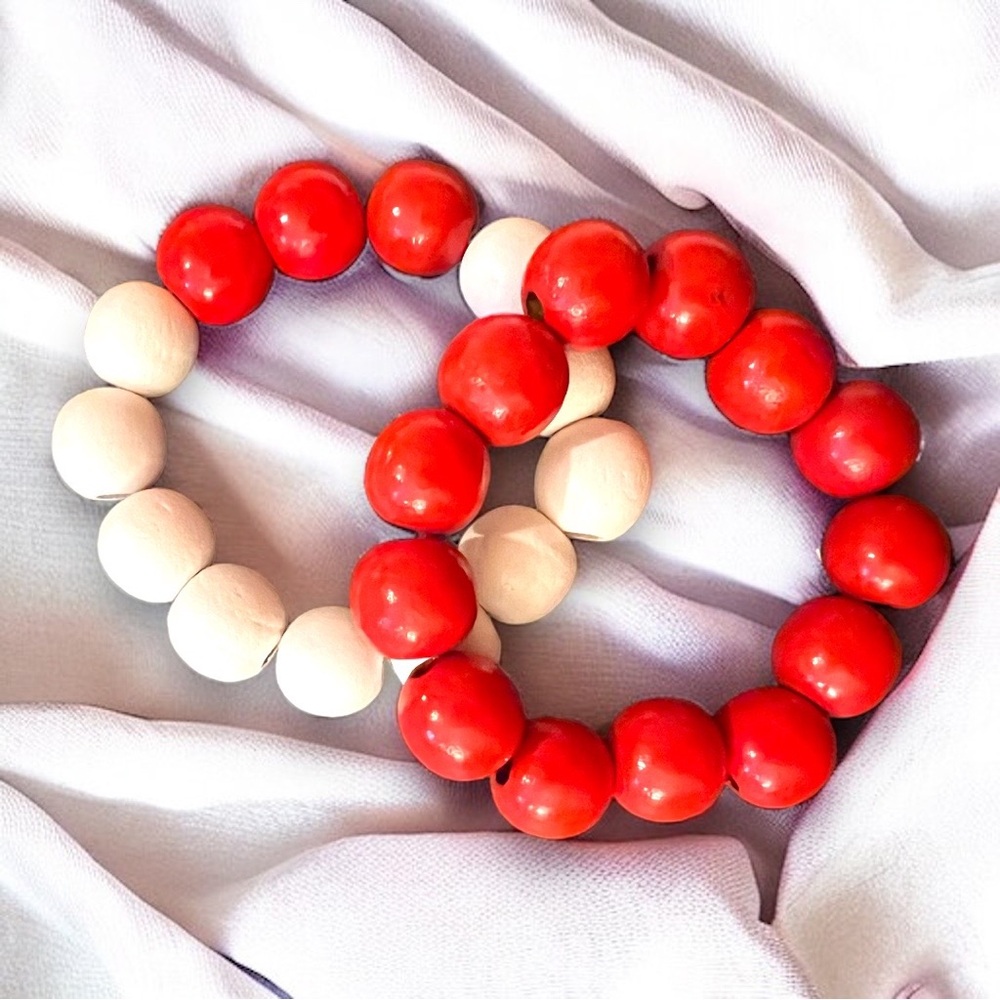 NEW VINTAGE beaded wood stretchy bracelet  SET - Red and White. Rare!